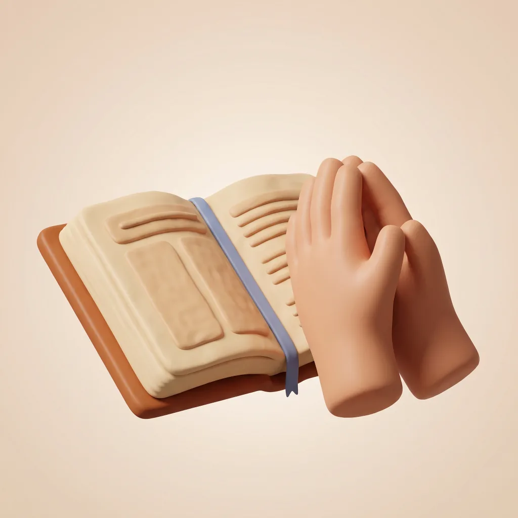 Claymorphic illustration of an open Bible with a blue ribbon and a pair of hands folded in prayer