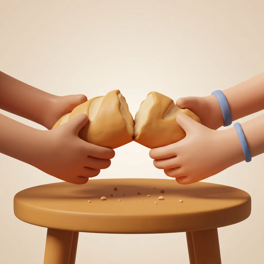 Claymorphic illustration of two pairs of hands breaking a loaf of bread over a small wooden table