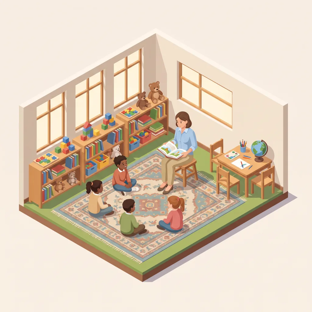 Isometric illustration of a children's ministry classroom: a teacher reading to four kids on a rug