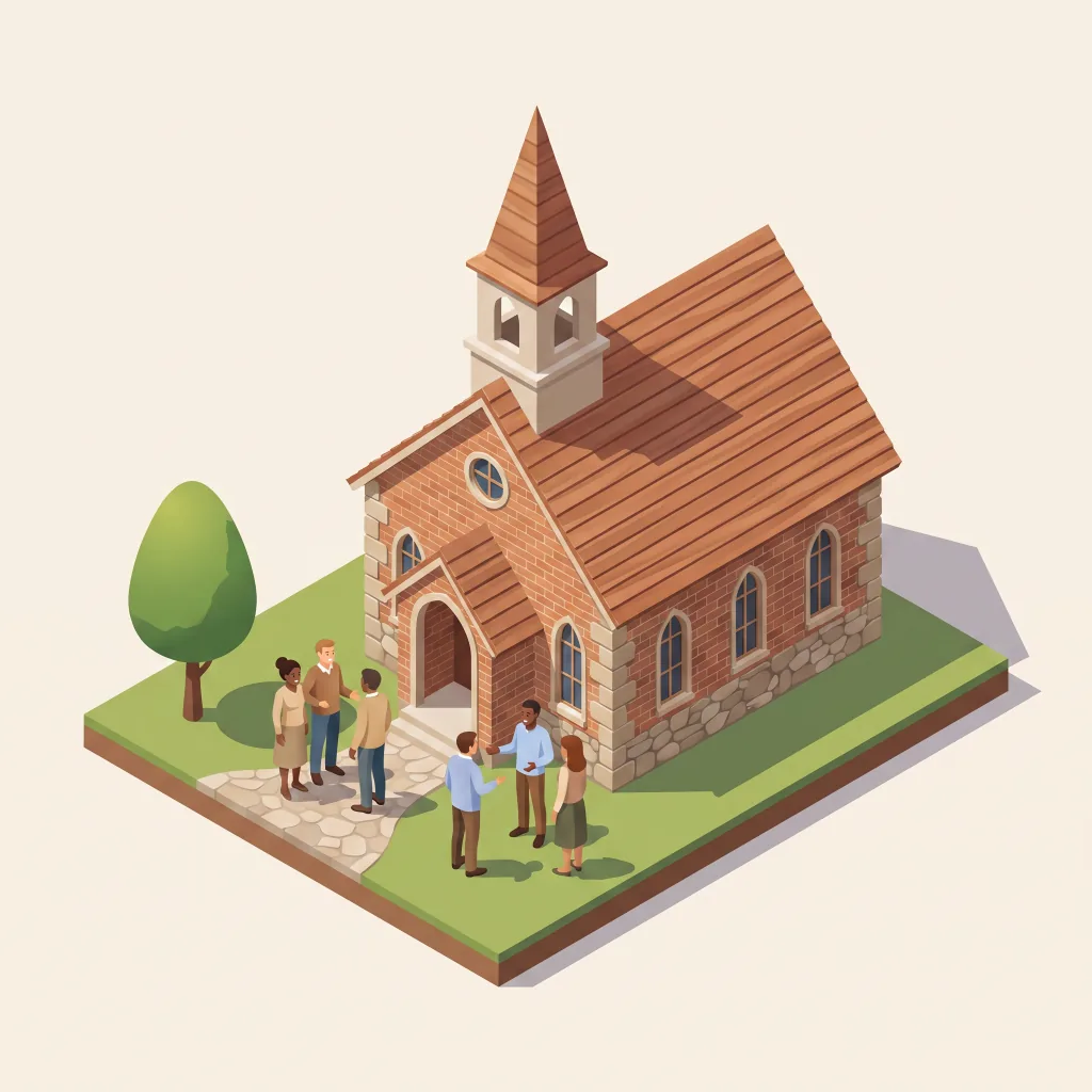Isometric illustration of a small brick church with a steeple, neighbors greeting one another on the path outside