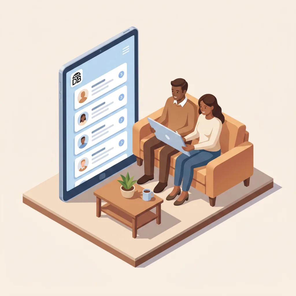 Isometric illustration of a couple on a couch looking at the Daily Bread app on a tablet