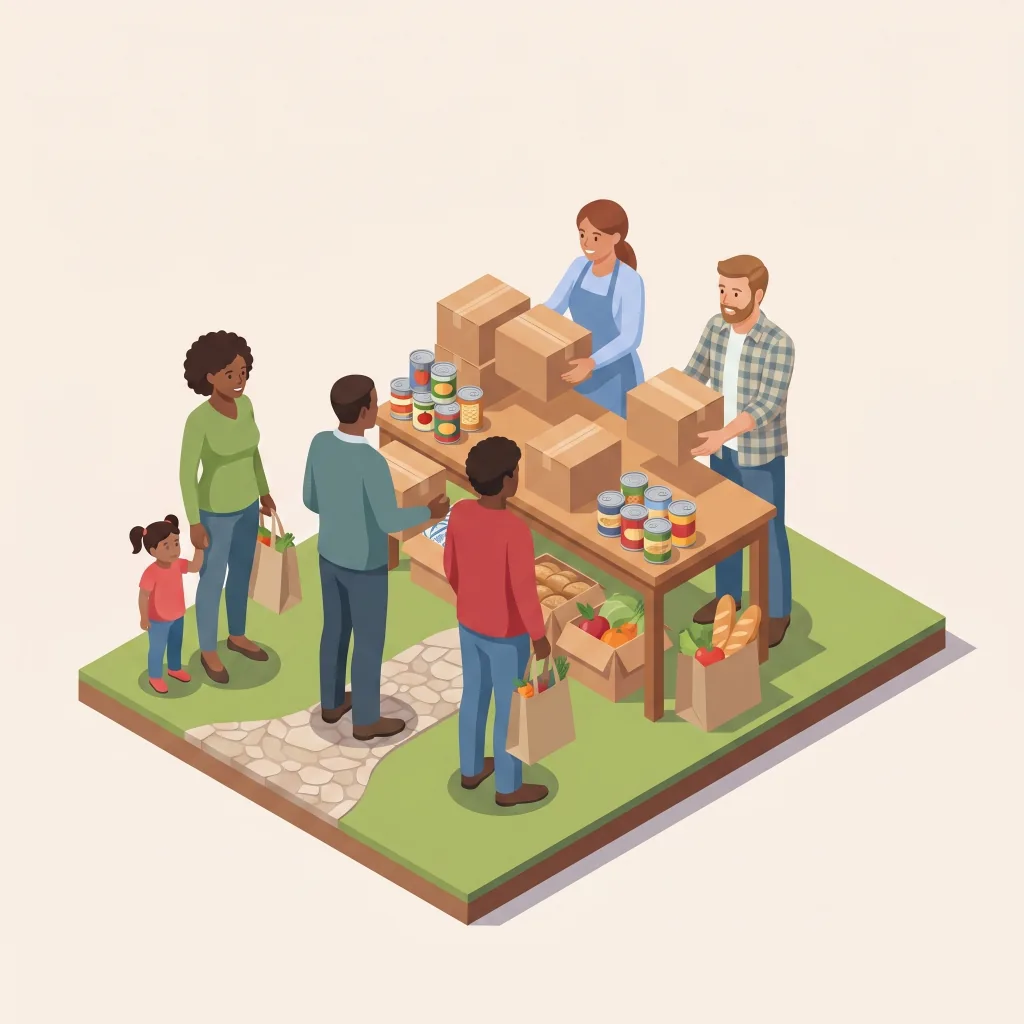 Isometric illustration of volunteers handing out groceries at a food pantry table to a family