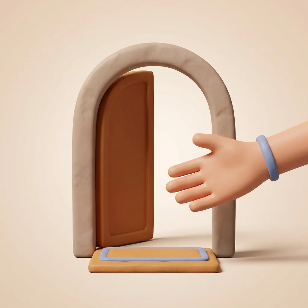 Claymorphic illustration of an open arched doorway with a hand reaching out in welcome