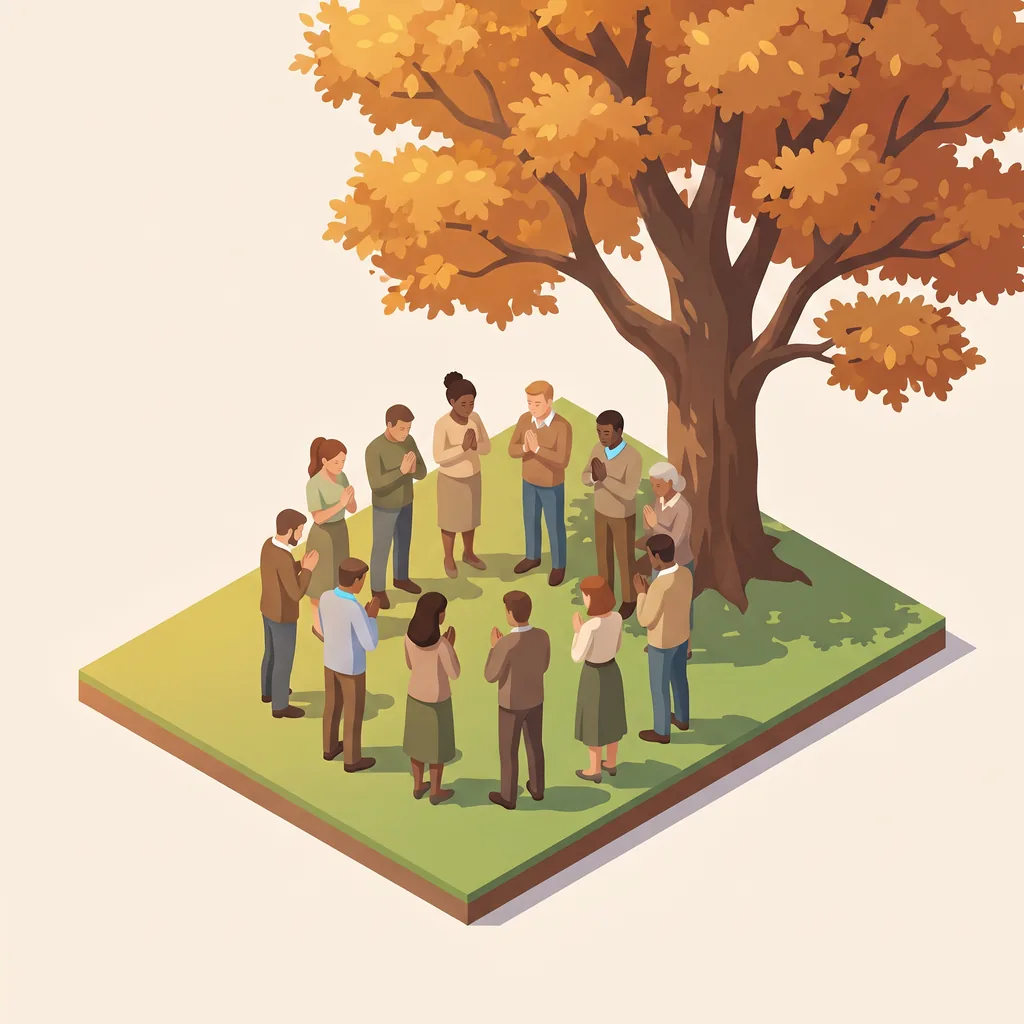 Isometric illustration of a dozen people standing in a circle praying together under a large autumn tree
