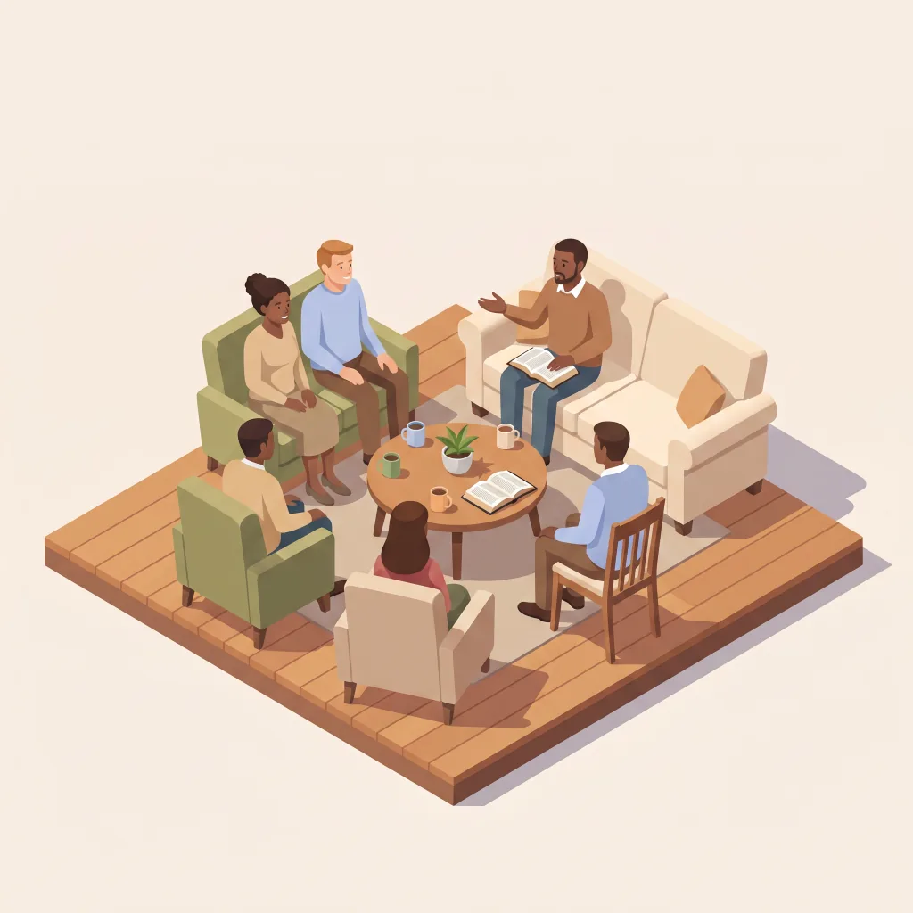 Isometric illustration of six people talking in a living room, open Bibles and coffee on the table between them